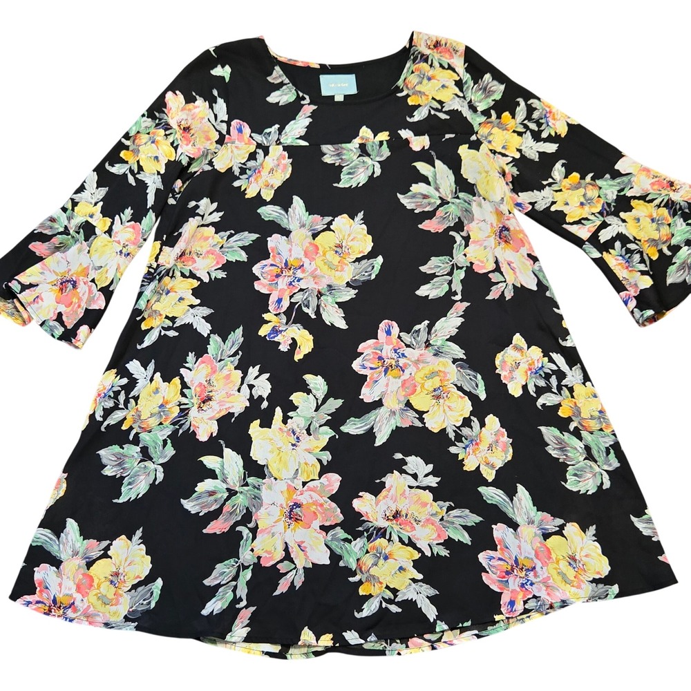 SKIES are BLUE Black Floral Bell Sleeve Shift Dress Watercolor Mini Boho M